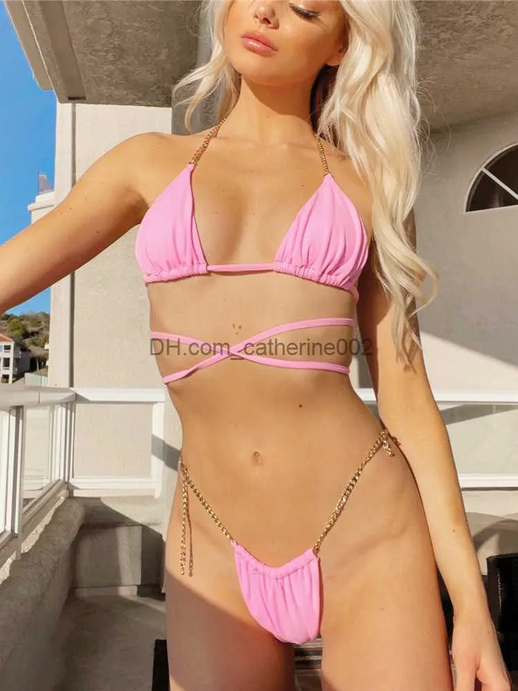 Women's Swimwear Solid Swimming Suit For Women 2 Pieces Set Bikinis Hot Pink Swimsuit Golden Metal Chain Sexy Mini Swimwear Trajes De Bao Mujer T230531