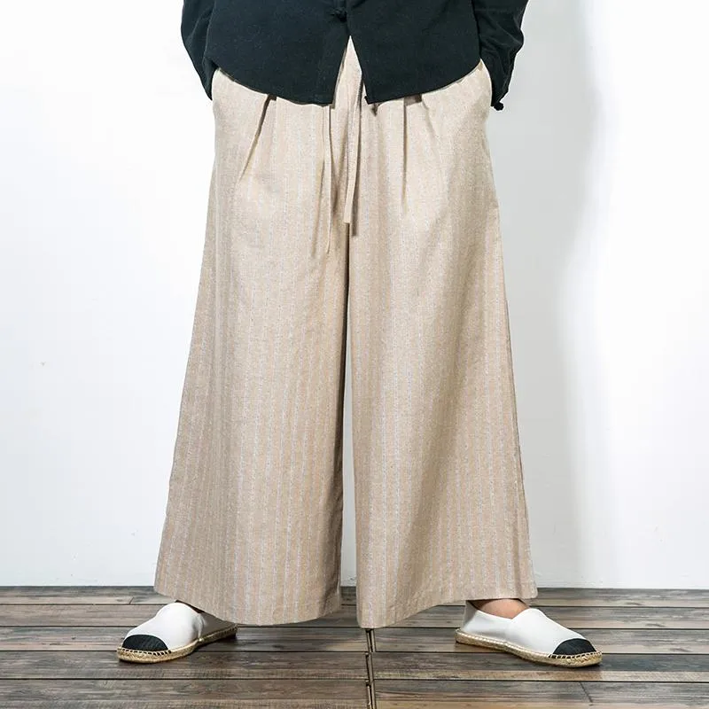 Pantalones Pantalones anchos de lino a rayas para hombre Pantalones caqui azul Hakama con pantalones de kimono chino de fondo ancho Capri de algodón suelto de verano