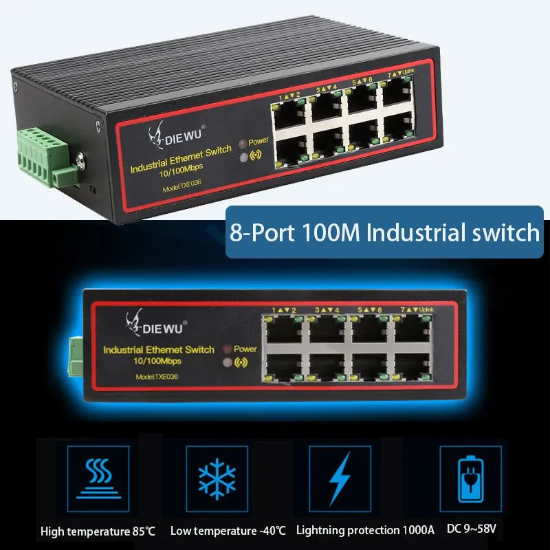 Переключатели RJ45 HUB AntiSurge 8port Промышленное переключатель 10/100 м DC9 ~ 58V Интернет -разветвитель RJ45 Порт DIN RAIL TYP