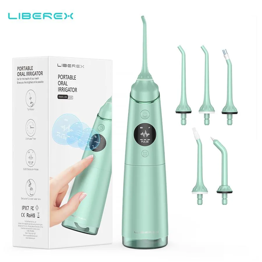 Whitening Liberex Portable Water Floser USB RECHAREBLEABLE ORAL IRRIGERATORS 4 LODES 5 JET TIPS OLED IPX7 Vattentät tand bevattnar 300 ml