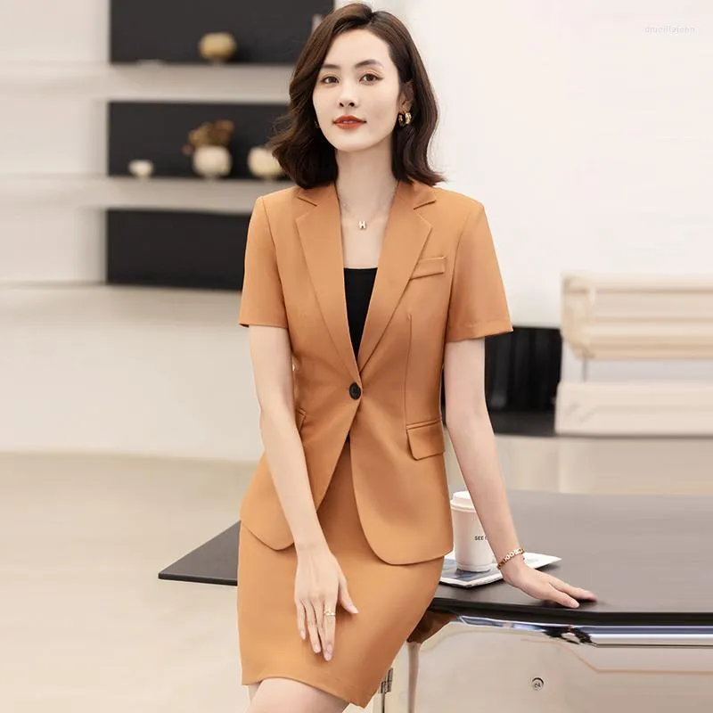 Zweiteiliges Kleid Sommer Mode Casual Blazer Frauen Anzüge Rock und Jacke Set Kurzarm Büro Damen Arbeitskleidung Uniform OL