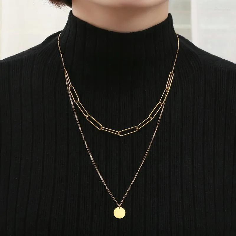 Pendant Necklaces Fashion Jewelry Women's Double Row Sweater Chain Paper Clip Plated 18k Gold Waterproof Coin Stainless Steel Charm