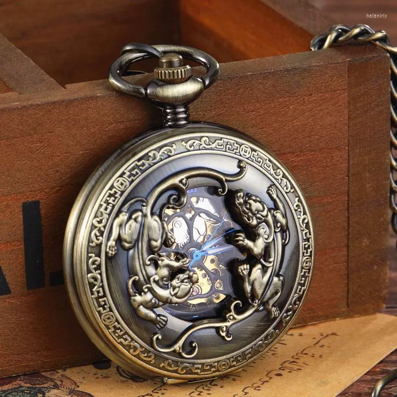 Relógios de bolso de bronze aço de bronze steampunk esqueleto assistência mecânica de dois lagartos de mão enrolando o relógio de corrente de estojo de estojo