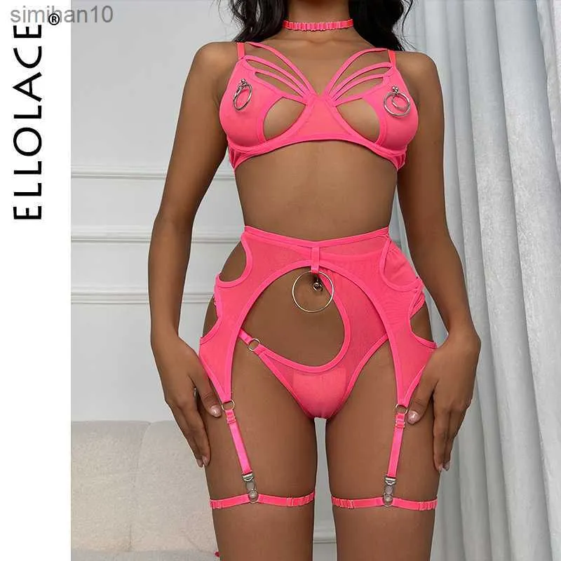 ملخصات سراويل داخلية Ellolace Erotic Lingerie مع حلقات جوفاء للملابس الداخلية غير خاضعة للرقابة 4 قطع الرباطية الحميمة المواد الإباحية الغريبة L230518