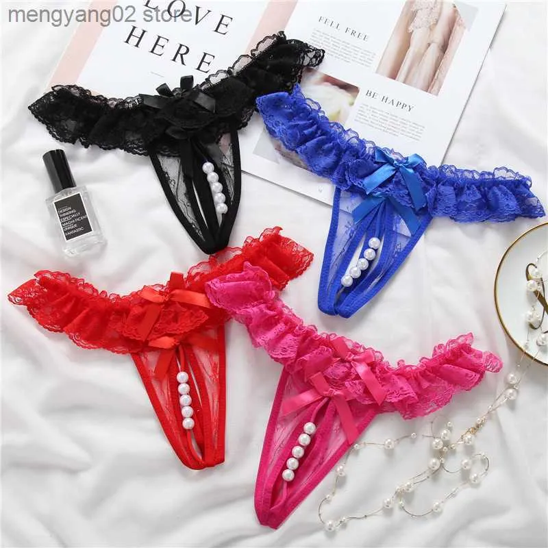 Slips Slipje vrouwen slipje Erotische Ondergoed sexy kant open kruis parel wrijven Clitoris stimulatie lage taille G-String thong sexy lingerie T23601