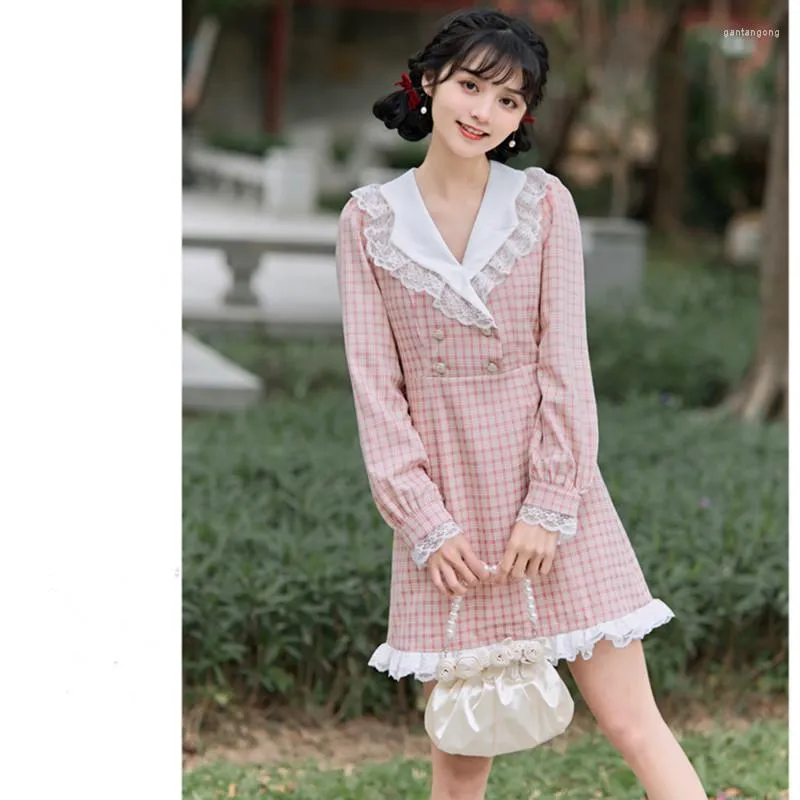 Casual Jurken Elegante Pak V-hals Kant Patchwork Plaid Retro Voor Vrouwen Hemelse Ondergang Leuke Jurk Petite Roze Vestido Midi Kawaii herfst