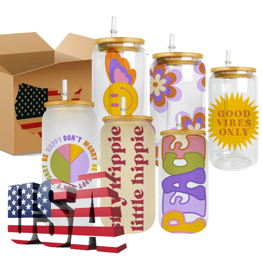 USA STOCK 16oz Mugs For DIY SublimatIon Printing Clear Frosted Glass Tumblers Beer Cans Juice Coffee Parties Cold Beverages with bamboo lid and straw