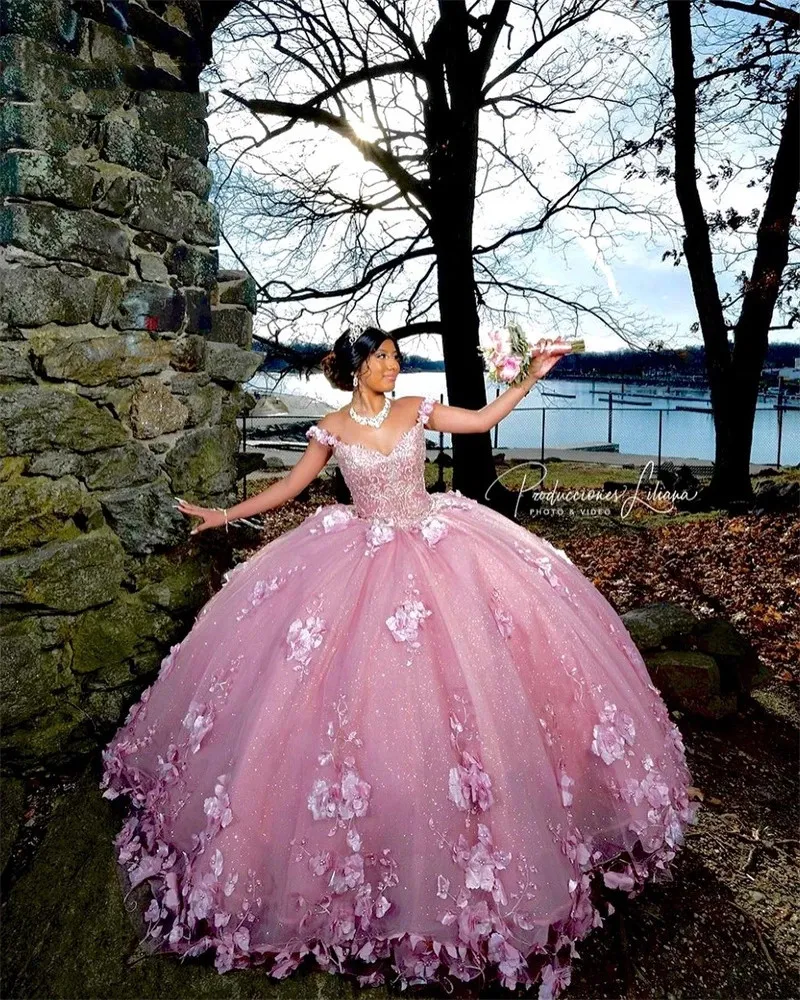 Pink Princess Ball Gown Quinceanera Dresses 3D Flowers Applique Pearls Sweet 16 Dress Birthday Vestidos De 15 Anos Lace-Up 322