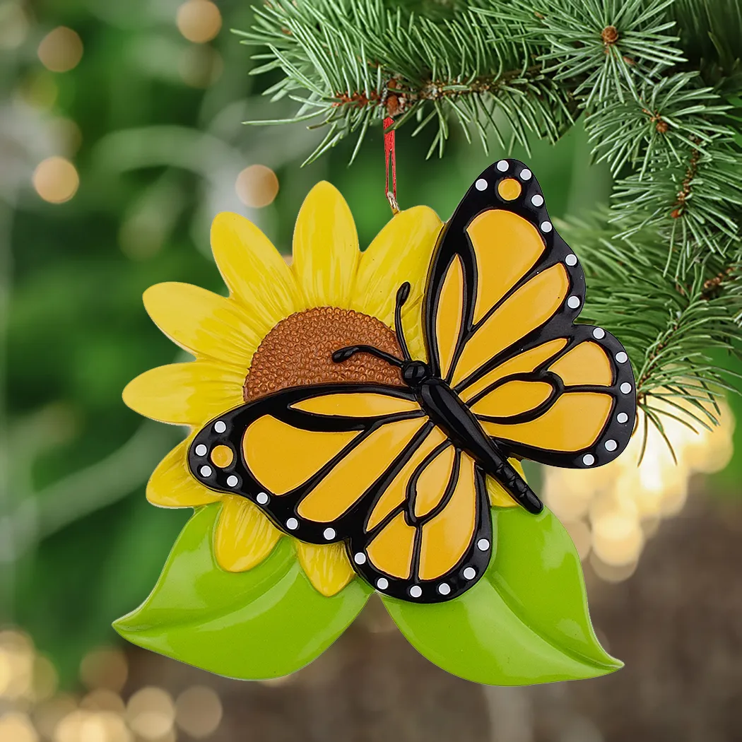 Enfeites de natal de borboleta personalizados de resina com girassol como lembrança de artesanato para presentes de feriado ou decoração de casa