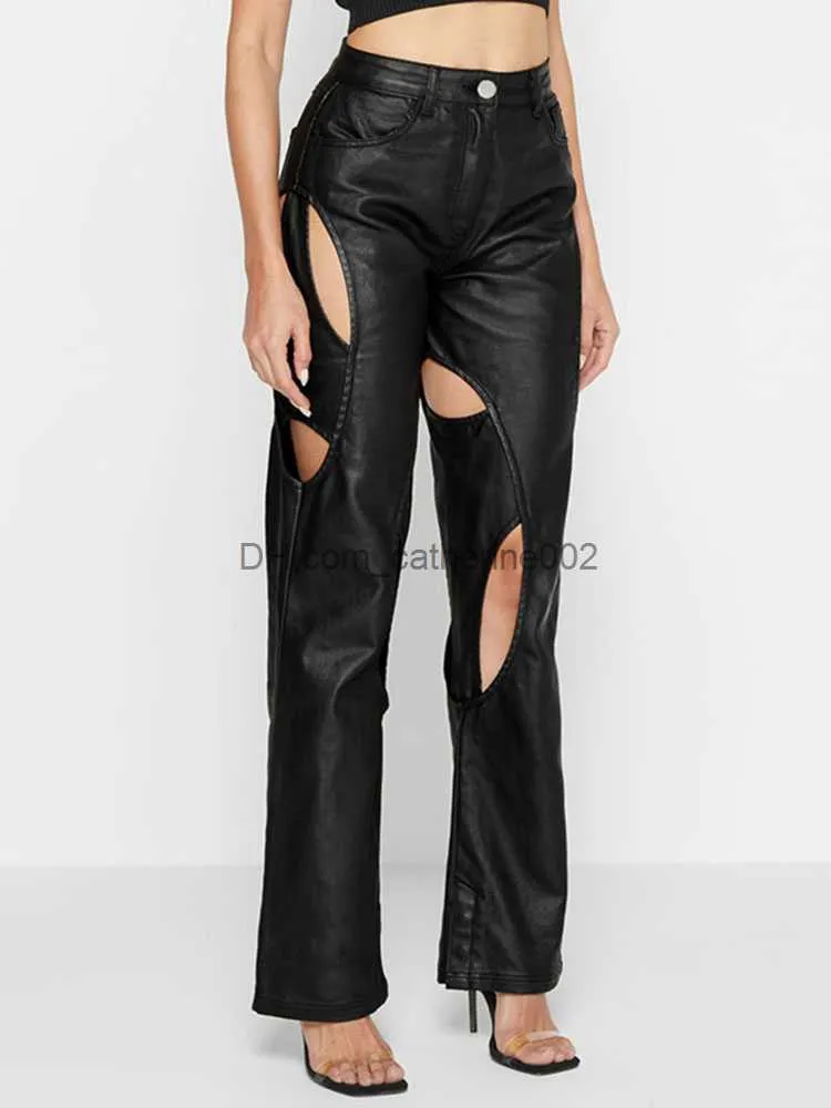 Pantalon féminin Capris Black Zipper Hollow Out Leather Pant pour femmes vêtements haute taille pantnes Mujer Streetwear Silm Fit Fashion T230531