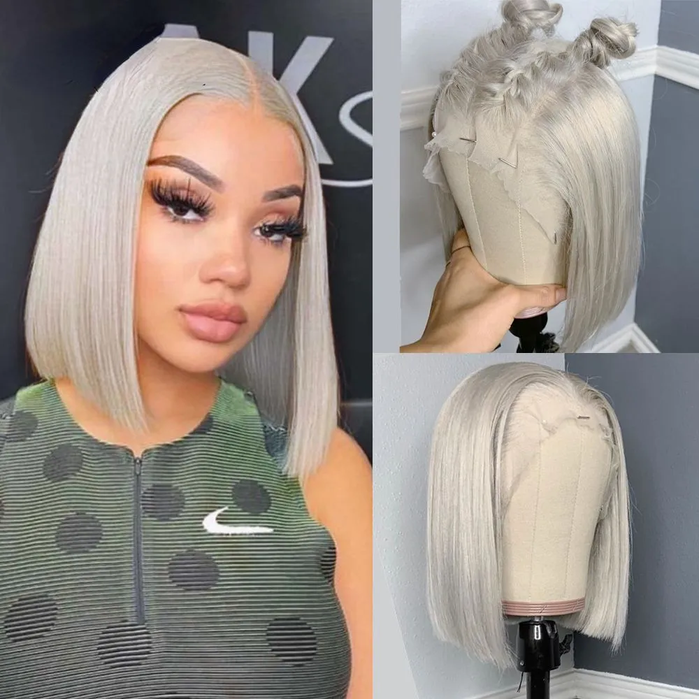 13x4 brasiliansk naturlig hår silvergrå kort bob peruker för kvinnor hd transparent rak glueless spets frontal peruk syntetisk cosplay drag drottning drottning