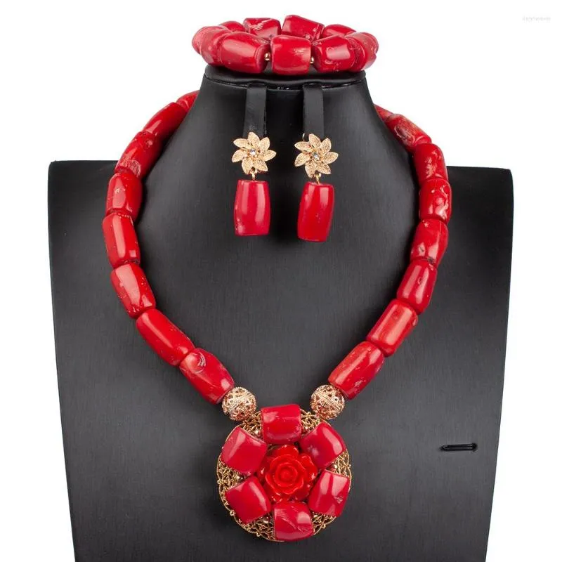 Collana Orecchini Set Incredibile Perline Di Corallo Naturale Rosso Gioielli Ciondolo Fiore Rosa Per Matrimonio Africano CNR103