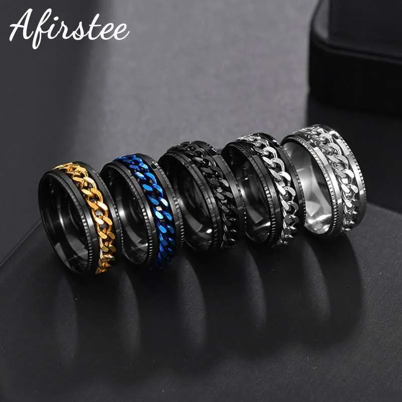 Band Rings Rotatable Anxiety Fidget rings Titanium Stainless Steel Chain Spinner Finger Ring For Men Blue Gold Color Black Punk Rock Gift J230531