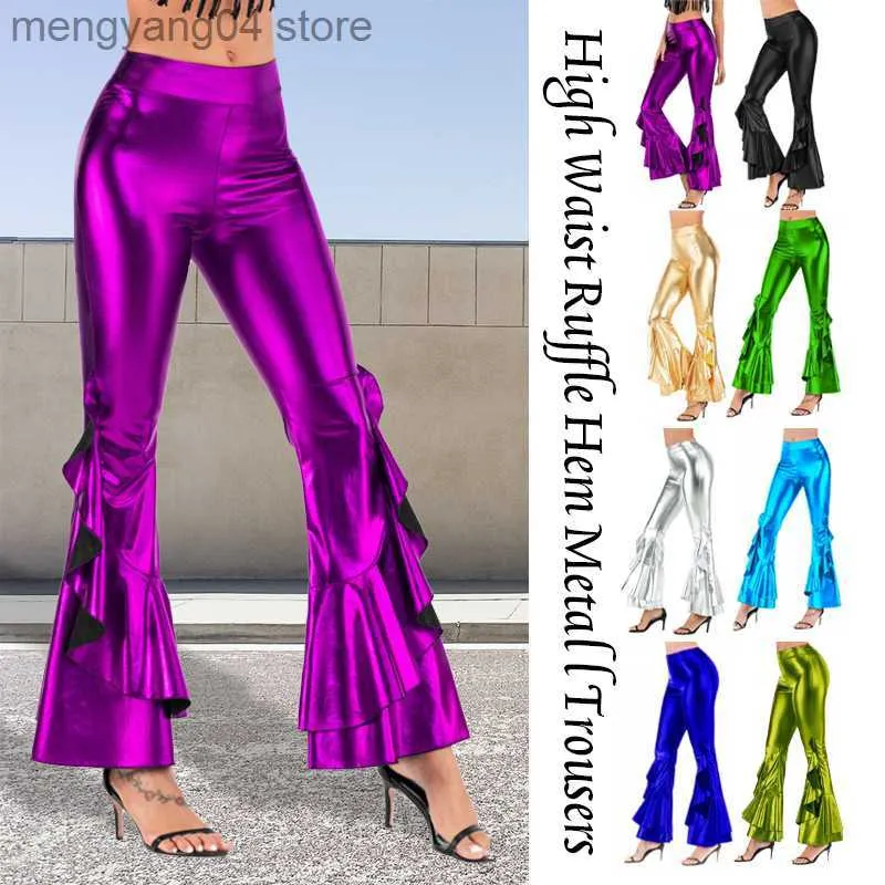 Women's Pants Capris Women Shiny Flare Trousers Laser Metallic Wetlook Ruffle Wide Leg Pants Retro 70s Disco Hippie Club Trousers Skinny Bell Bottoms T230531