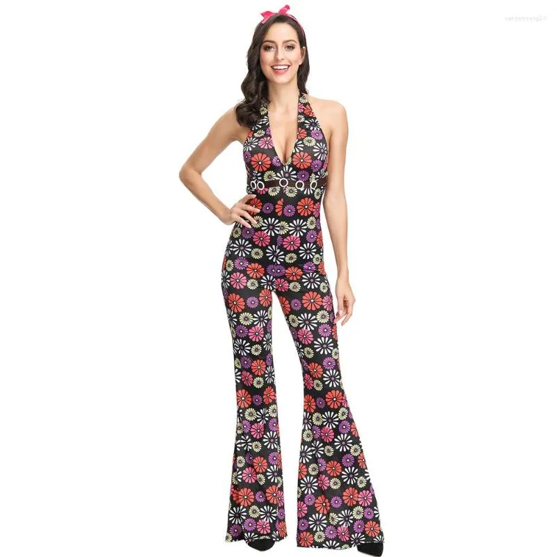 Women's Jumpsuits Summer Women Floral Jumpsuit Sleeveless V- Neck Fashion Ladies Flower Print Wide Leg Pants Long Trousers