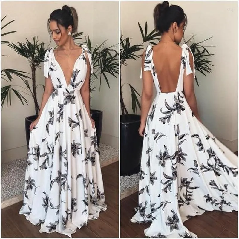 Casual Dresses Donsignet Bohemian Sexy Solid Backless Woman Dress Bandage V-Neck Spaghetti Strap Print Party Women Evening