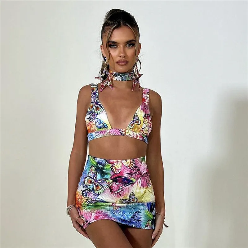 Two Piece Dress Fashion Sexy Deep V Butterfly Print Slim Bag Buttock Skirt Suit