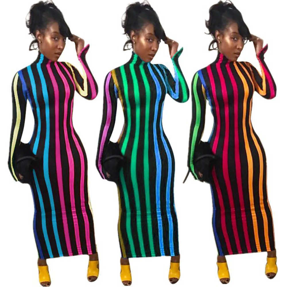 Robes décontractées 2020 Stripe Print Sexy femmes automne et hiver col roulé mode Westidos discothèque fête à manches longues robe serrée P230530