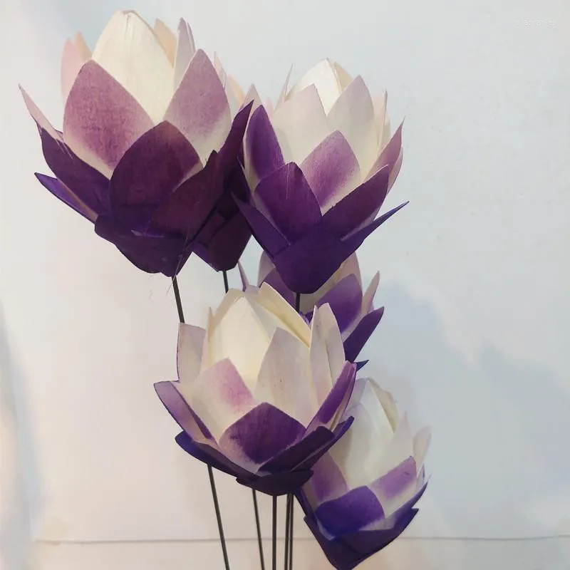 Flores decorativas 2 lótus de chip de madeira por bando artificialmente seco feito para para casa decoração de lojas de casamento fluxo falso roxo