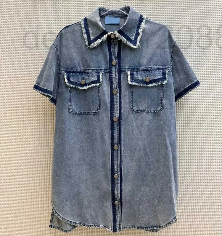 Women's Blouses & Shirts designer Denim short sleeved shirt casual two wear design detachable raw edge long top summer new IO1R