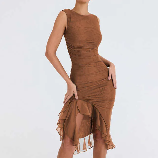 Ärmlös klänning för kvinnor 2023 mode vintage smal tiered Summer Dress Elegant Solid O Neck Backless Folds Y2K Dress