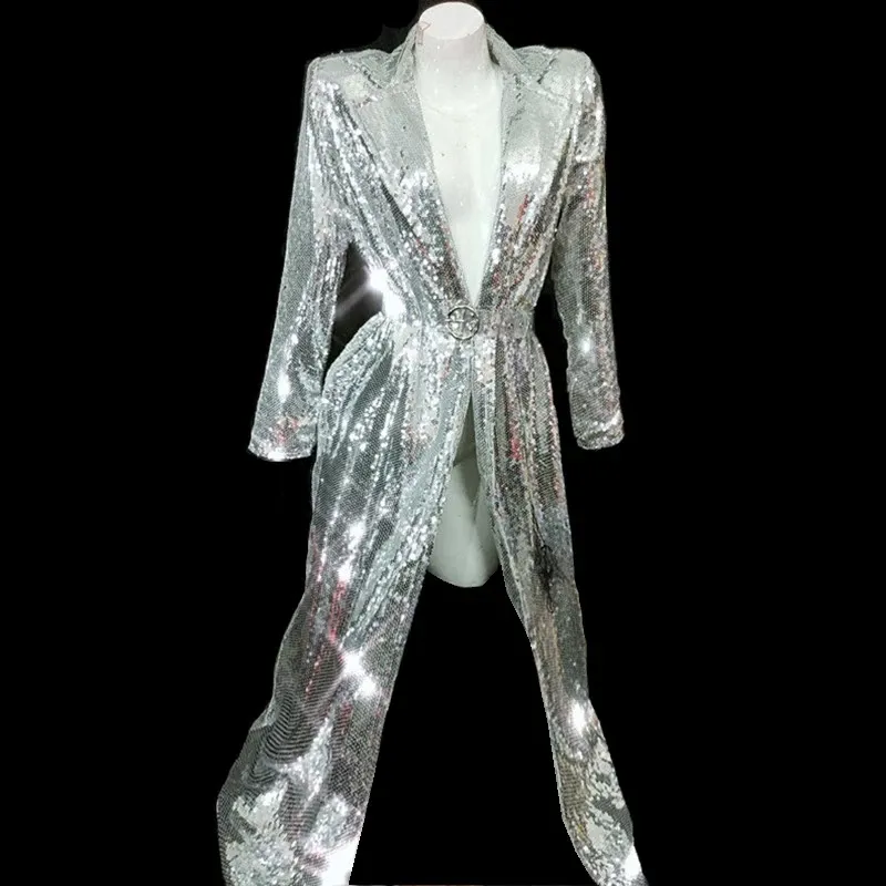 Stage Wear Femmes Sparkly Paillettes Manteau Femme DJ Show Silver Jacket Cape Open Stitch Performance Costume