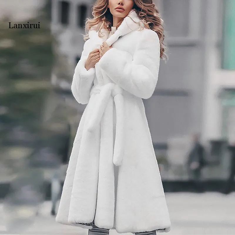 Fur Faux fur coat long Winter Thicken White Coat Laceup Solid Color Slim Long Plush Faux Fur Hooded Warm Jacket new fashion