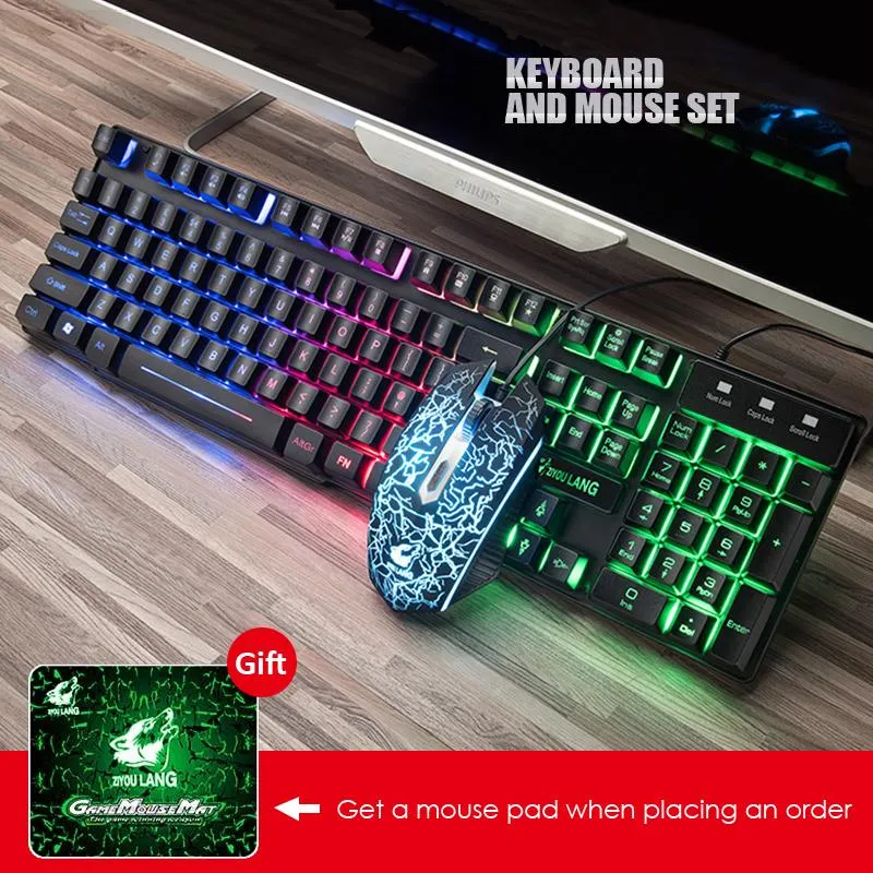 Combos clavier et souris de jeu anglais/russe/espagnol, avec clavier filaire rétroéclairé par LED coloré et souris USB pour PC/ordinateur portable