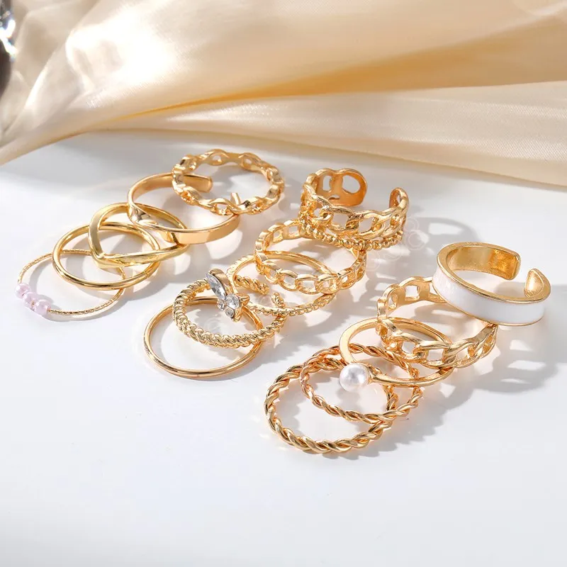 Goldfarbener Metallring für Damen und Herren, Kristall, Schmetterling, Perlenkette, verdreht, Vintage-Fingerring, Modeschmuck, Geschenk