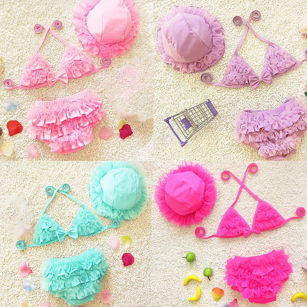 Familien-passende Outfits geborener Baby-Badeanzug 12 Monate Mädchen-Badebekleidung 3-teiliges Schnür-Bikini-Hut-Badeshorts-Set für Kinder 2 3 4 5 6 7 8 9 Jahre 230530