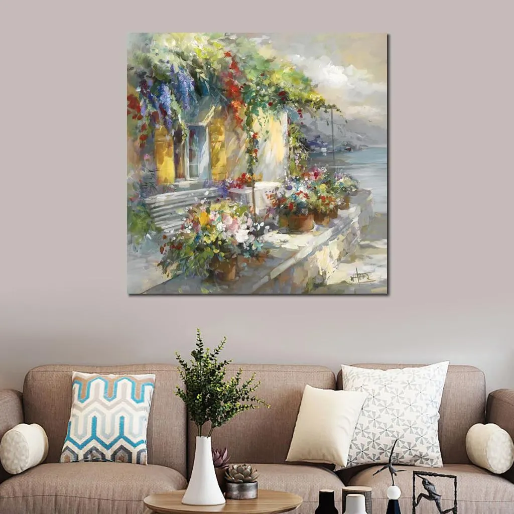 Schöne italienische Garten-Leinwandkunst, handgemalte impressionistische Landschaft, Veranda am Meer, Willem Haenraets Gemälde für Bürodekoration