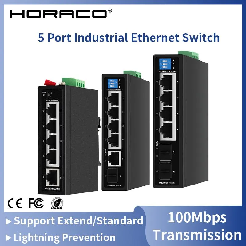 Switchs Horaco Industrial Gigabit Poe Switch 5/6 Porta 100/1000Baset Din Ip30 Switch Ethernet Switch Protezione Lightning Max BT90W