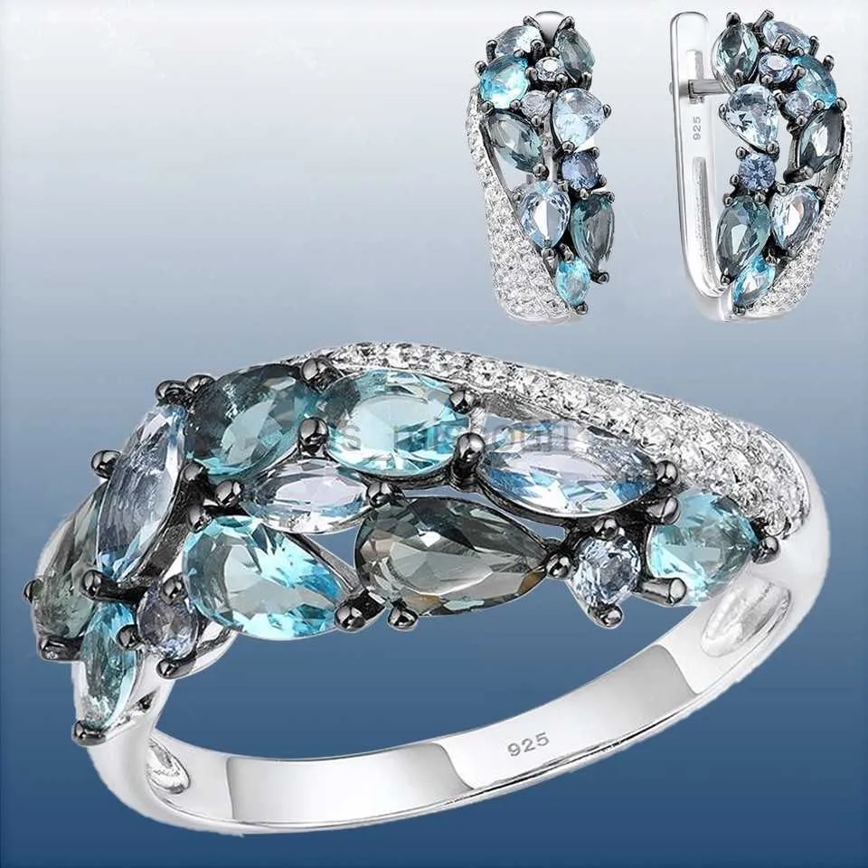 Anneaux de bande cristal aigue-marine Moissanite ensemble de bijoux mariée mariage bague de fiançailles boucles d'oreilles ensemble cadeau de fête des mères bijoux Joyas Para Damas J230531