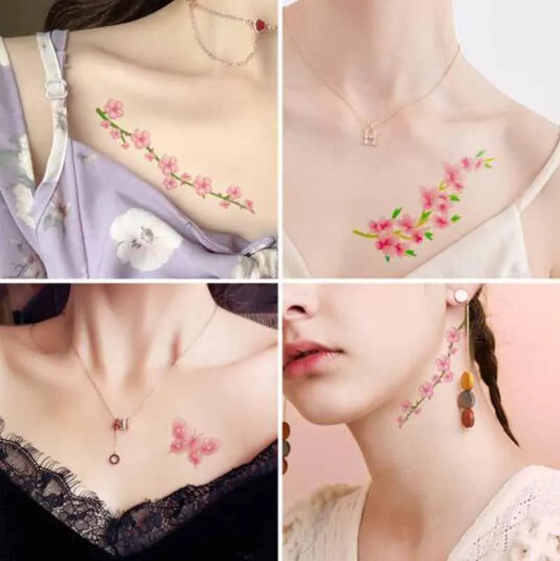 Tattoos Waterproof Temporary Tattoo Sticker Sexy Beautiful Sakura Flower Collarbone Arm Hand Body Art Flash Tattoo for Girls Women