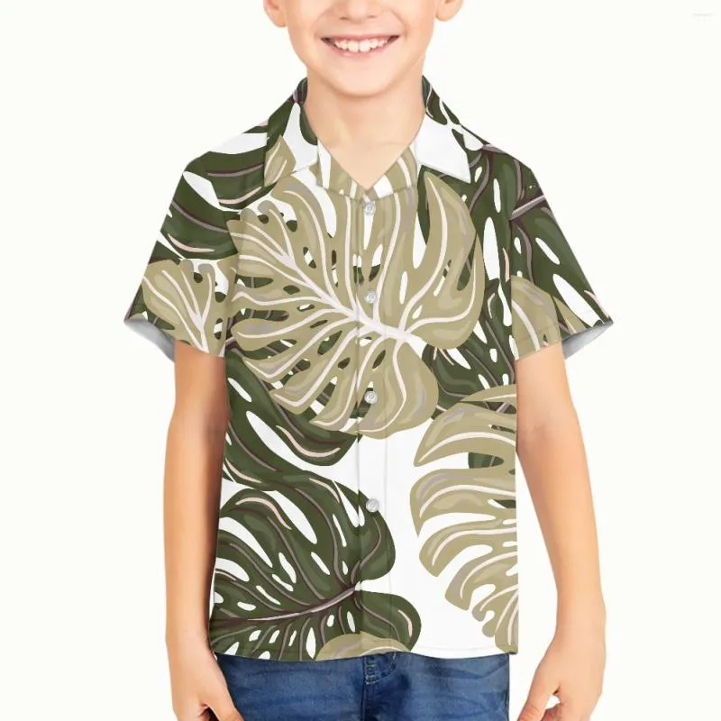 Camisas casuais masculinas Plantain Plantain Padrão de folhas crianças garoto menino Camisa havaiana Moda de lapela de manga curta