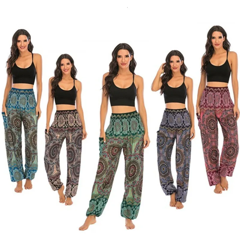 Calça feminina capris calça boêmia solta roupas femininas casuais cintura alta roupas meminina amarração tingimento de moletom de fundo do estilo étnico 230530