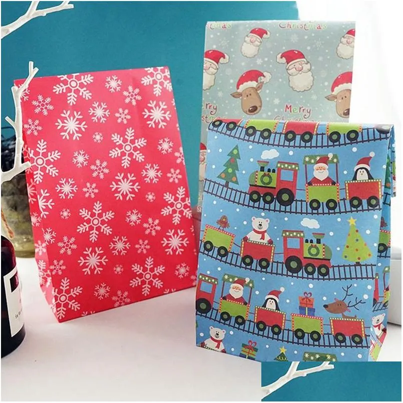 Enrole de presente Feliz Natal Bolsa de Papel Snowflake Santa Tree Food Cookie Packing Birthday Favor Favor Stand Bags Candy dbc Drop Delivery Dhkpx