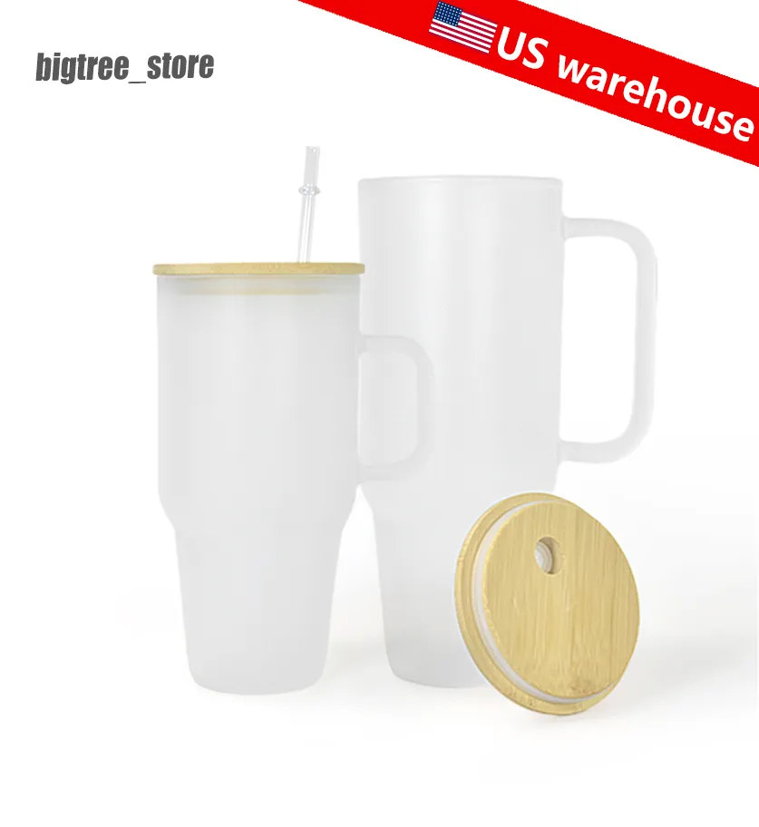 US Warehouse Wholesale 32oz/42oz Sublimation Glass Mug close class frosterged glass wine clickes classes with bamboo lid and straws diy fast