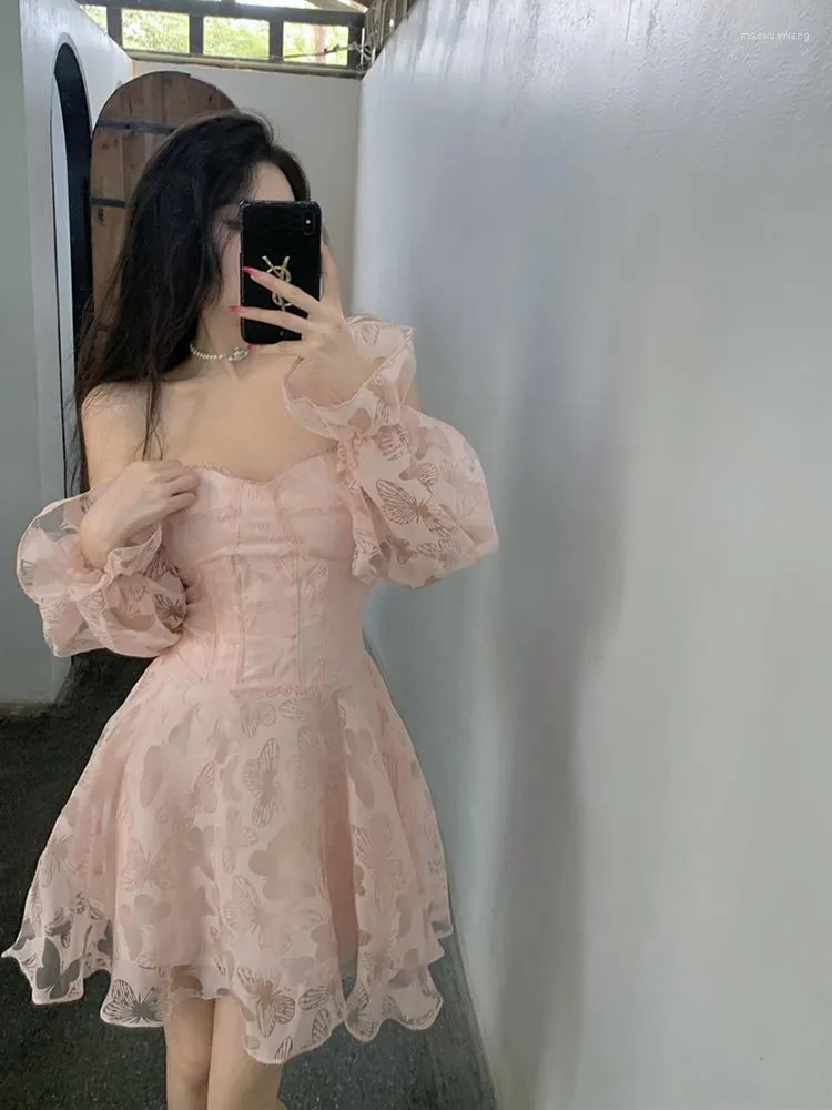 Casual Dresses Fairy Pink Hollow Out Butterfly Princess Dress Sweet Puff Sleeve Summer Off Shoulder Sexig Sweet Mini Mesh Ball Gown 2023