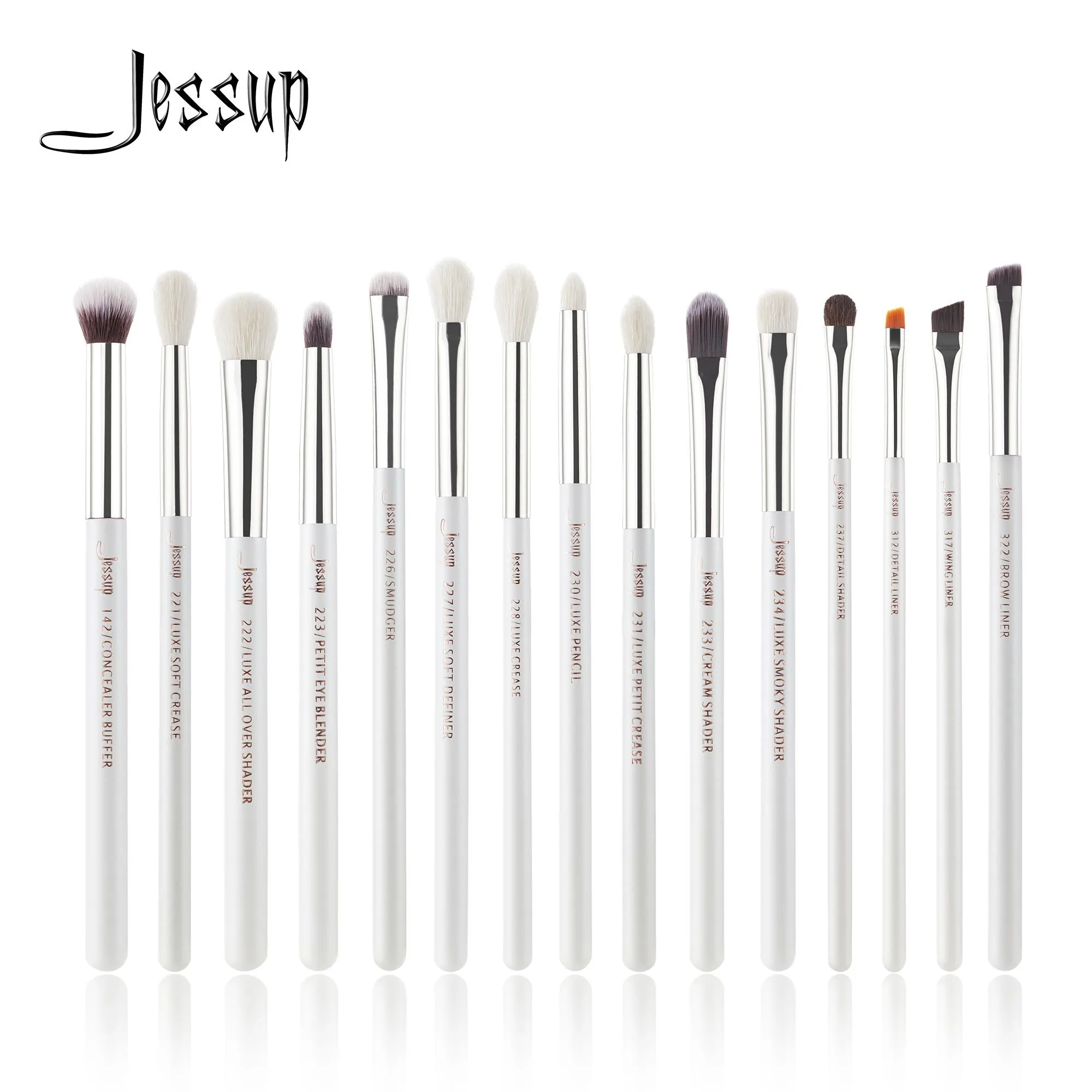 Szczotki Jessup Profesjonalne szczotki do makijażu Zestaw 15pcs makijaż pędzla perłowa biała/srebrne narzędzia zestaw oka