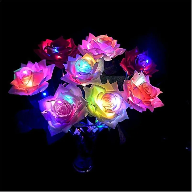 Couronnes de fleurs décoratives Simation Luminous Rose Creative Valentines Day Gift Led Lighted Romantique Colorf Party Favors Vtky2318 D Dhq9K