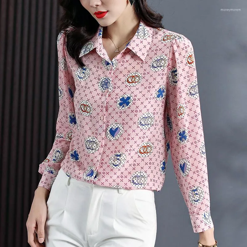 Women's Blouses Natural Silk Women Printed Shirt Elegant Turn-down Collar Long Sleeve Casual Shirts Pure Real Office Lady Pink Blouse