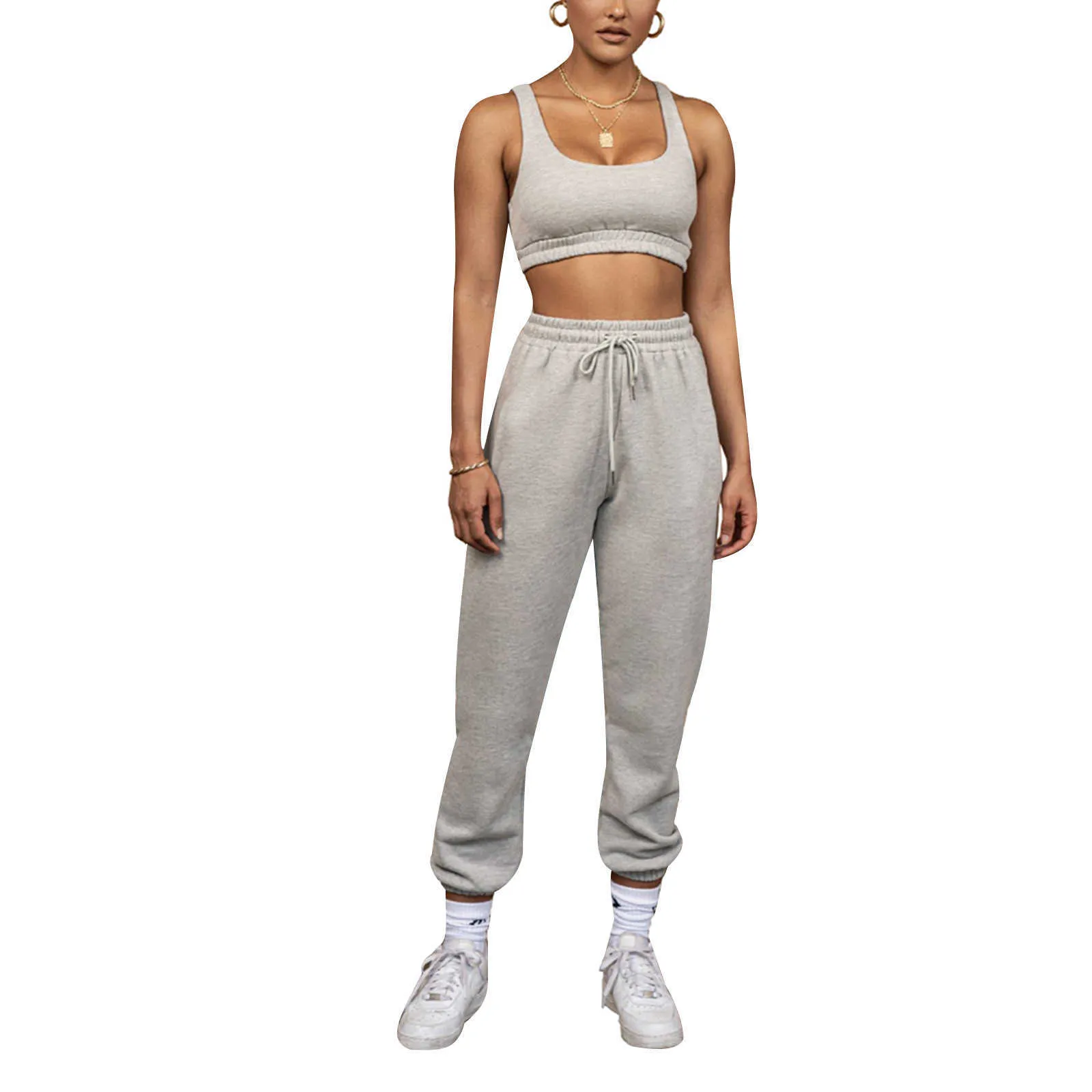 Spårar Kvinnors 2-delade avslappnad set Vest Crop Top+Pants Jogging Pants Gym Sportswear Street Clothing P230531