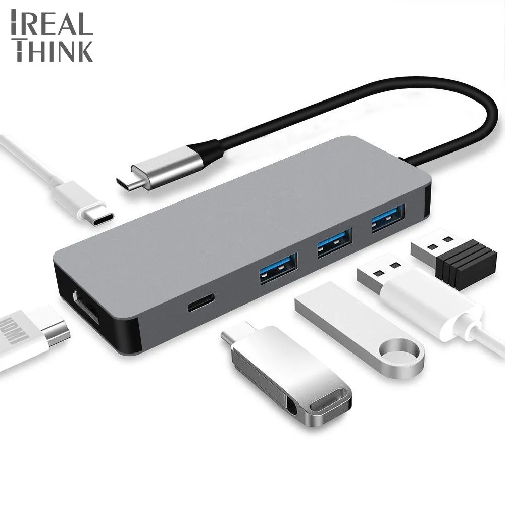 Stationer IREALTINK USB 3.1 Typ C Adapter USB C Hub Pro Dock Splitter USB 3.0 Hub 100W PD -laddning Full HD 4K för iPhone 11 Pro/MacBook