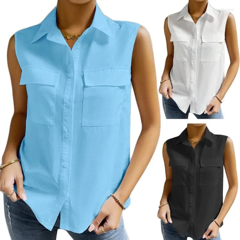 Chemisiers pour femmes 95AB Chemise boutonnée pour femme Sans manches Col Business Casual Tunique Top Solid Summer Work