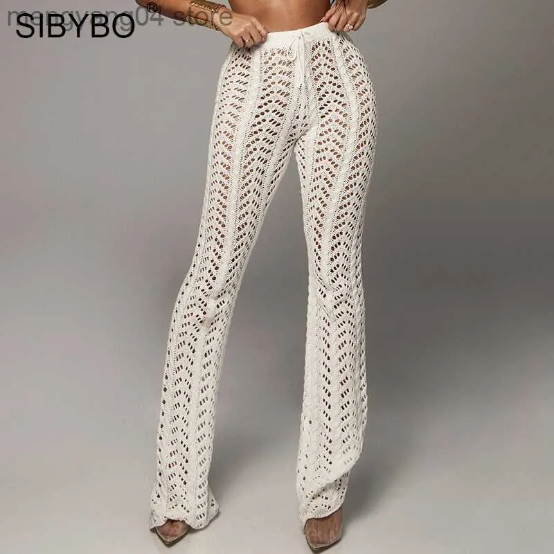 Damesbroek capris sibybo hol uit gebreide hoge taille sexy broek vrouwen mode gehaakte losse herfstbroeken vrouwen katoen casual dames broek t230531