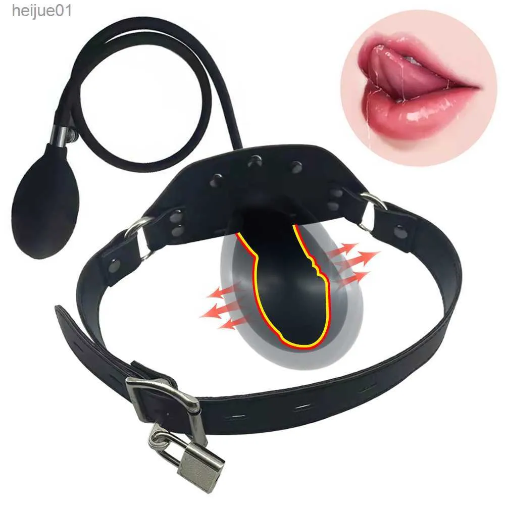 Jouets pour adultes Bouche gonflable Gag Boule de silicone Fixation orale PU Bande de cuir Bondage Contraintes Gag pénis Bdsm Esclave Jeu Sex Toys pour femmes L230518