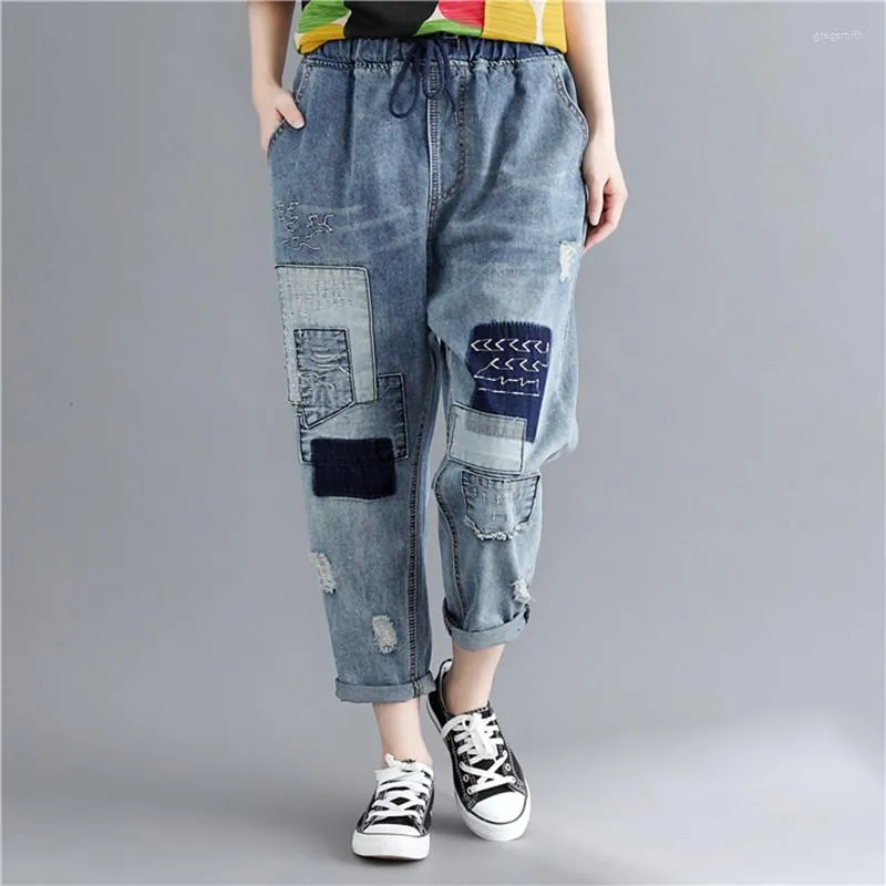 Calça feminina johnature moda de retalhos soltos jeans 2023 Summer Elastic Hole Trey Tie Casual Tornozelo Jeans de Mulheres