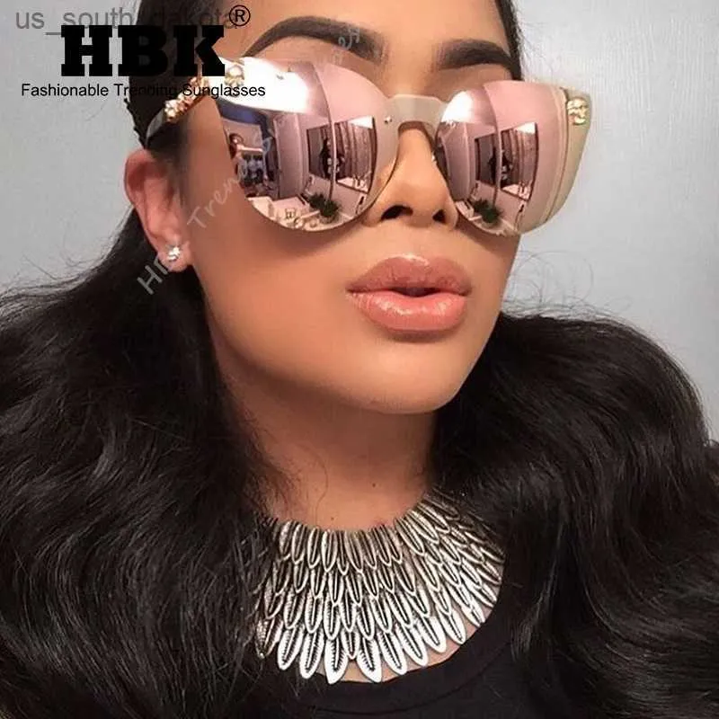 HBK Rose Gold Óculos de Sol Feminino Crânio Espelho Diamante Marca Designer Armação de Metal Óculos de Sol Espelho Lente Plana Lunettes de soleil L230523