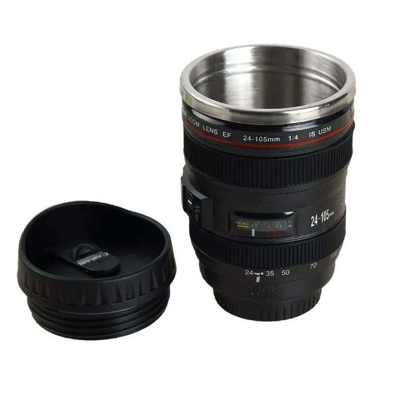 Mugs 400Ml Camera Mug Creative Portable Stainless Steel Tumbler Travel Milk Coffee Novelty Lens Double Layer Cups Vt13481 Drop Deliv Dhat3